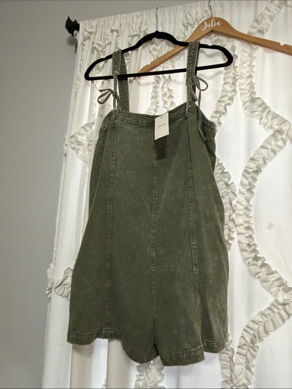 Women's Olive Green Denim Tie-Strap Overalls Romper